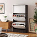 Narrow 3-Tier Flip-Top Shoe Cabinet – Walnut & White Vertical Storage