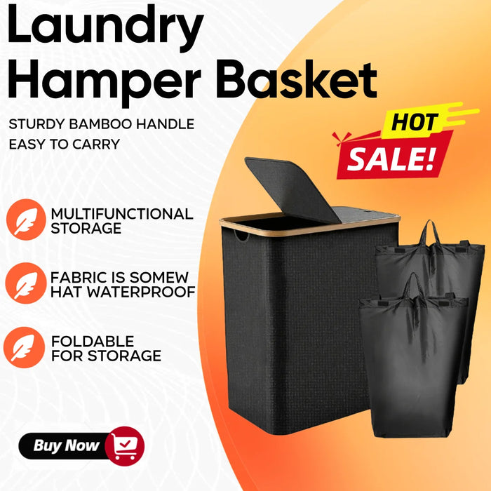 Foldable 2-Section Laundry Hamper with Lid — Bamboo Handles & Removable Bag
