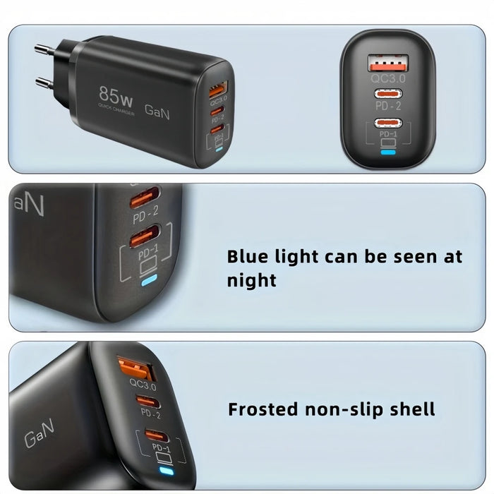 85W GaN USB‑C Charger – PD/PPS/QC Fast Charge, 2x USB‑C + USB‑A (UK/EU/US/KR)