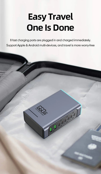 660W GaN 8-Port Desktop Charger — 100W USB‑C PD & Quick Charge 3.0