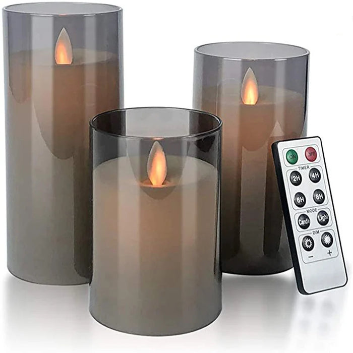 Set of 3 LED Glass Flameless Candles with Remote & Timer — 3 Sizes, 3 Colours