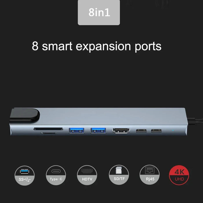 USB-C 8-in-1 Hub — HDMI 4K 30Hz, 100W PD, RJ45 100Mbps, SD/TF & USB 3.0