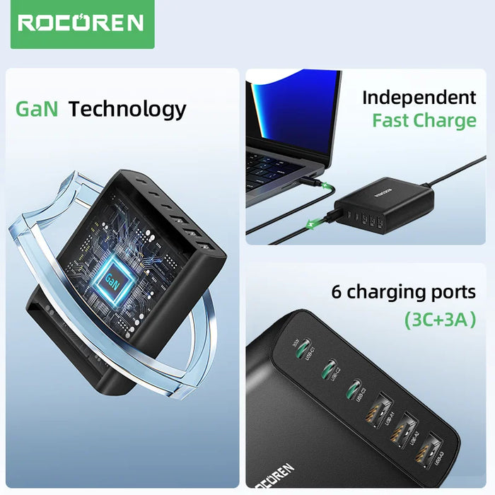 100W GaN 6‑Port Desktop Charger — 3×USB‑C (PD) + 3×USB‑A, 1.5m Cable