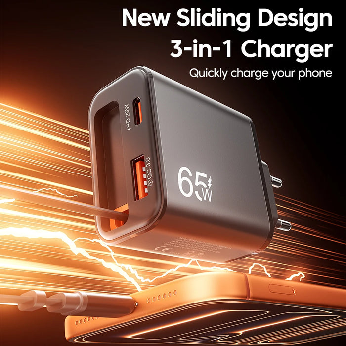 65W USB Wall Charger with Retractable USB‑C Cable — PD & QC3.0 Fast Charge