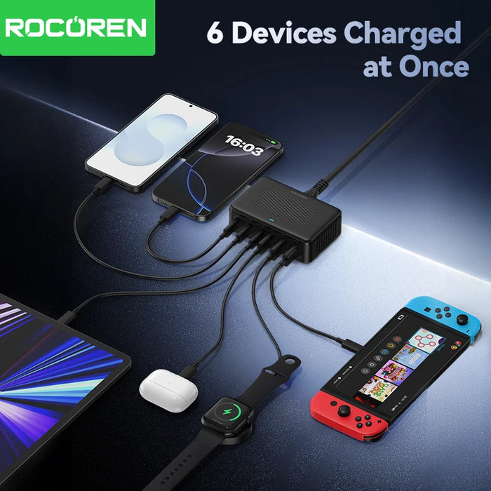 100W GaN 6-Port USB Charger — 3x USB-C & 3x USB-A (UK plug option)