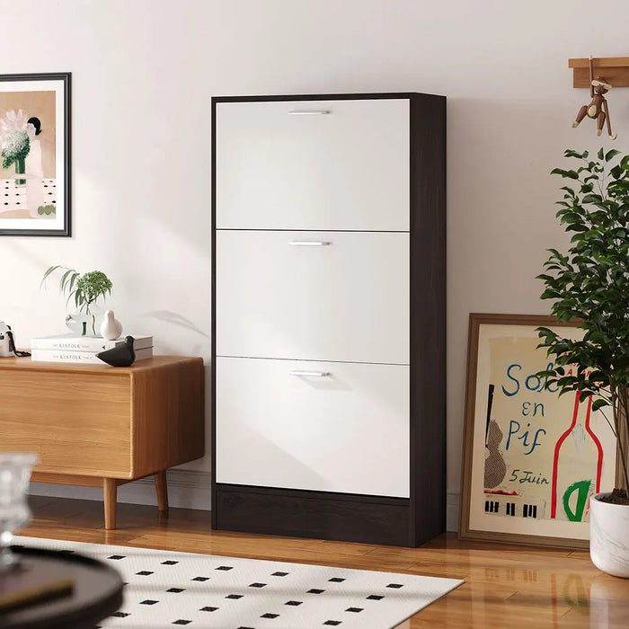Narrow 3-Tier Flip-Top Shoe Cabinet – Walnut & White Vertical Storage