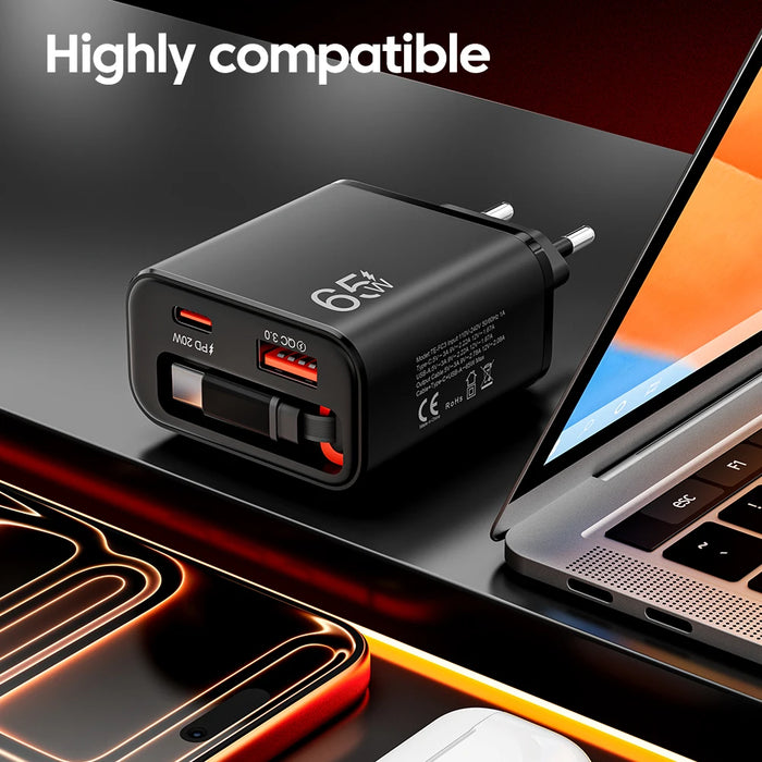 65W USB Wall Charger with Retractable USB‑C Cable — PD & QC3.0 Fast Charge