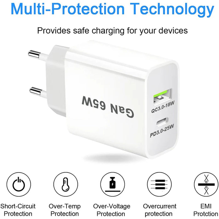65W GaN USB‑C PD 3.0 2‑Port Wall Charger — USB‑A + USB‑C, White (UK/EU/US/AU plugs)