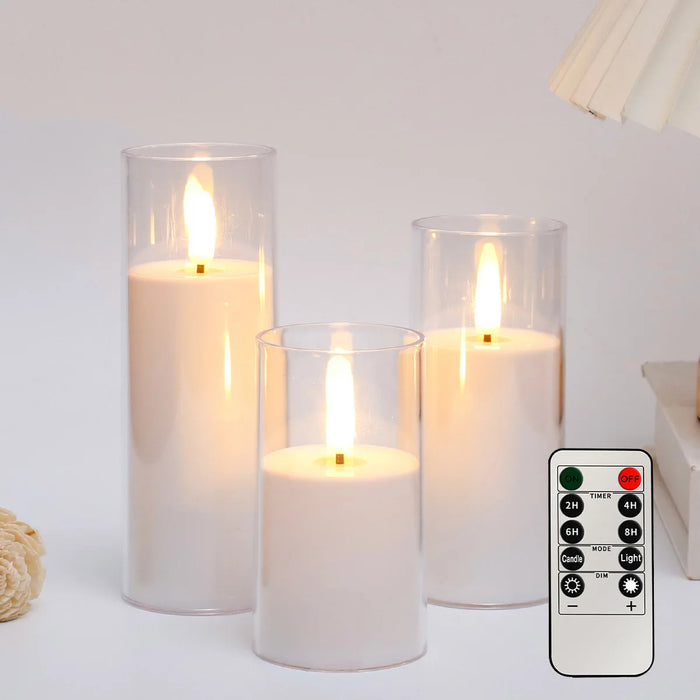 Outdoor Flameless LED Pillar Candles with Remote & Timer — Yellow Flicker, Battery-Operated (3/4pc)