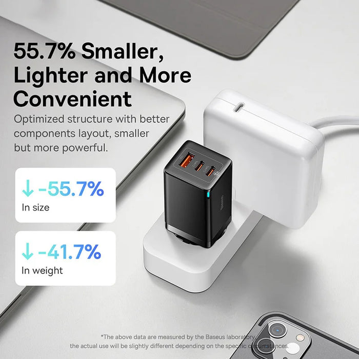 Baseus GaN5 Pro 65W Fast Charger – 3‑Port USB‑C PD & QC with 1m 100W Cable
