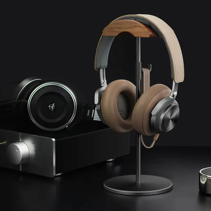 Black Walnut Wood and Aluminium Headphone Stand — Solid Metal Base Desk Headset Holder