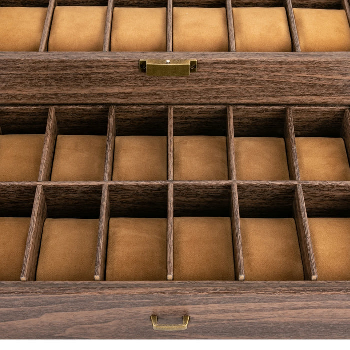 24-Slot Watch Box — Brown PU & Wood Display Case with Glass Lid