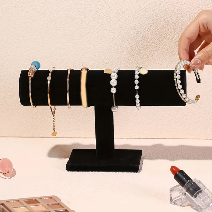 Velvet T-Bar Jewellery & Watch Display Stand — Desktop Bracelet Holder (Black/Grey)
