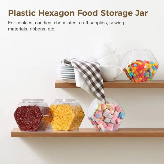 Clear Hexagonal Candy & Cookie Jar with Lid — Reusable Plastic Countertop Organiser