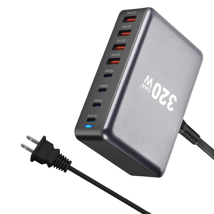 320W GaN Desktop Charger — 8‑Port USB‑C & USB‑A PD Station (Model 4C4A)