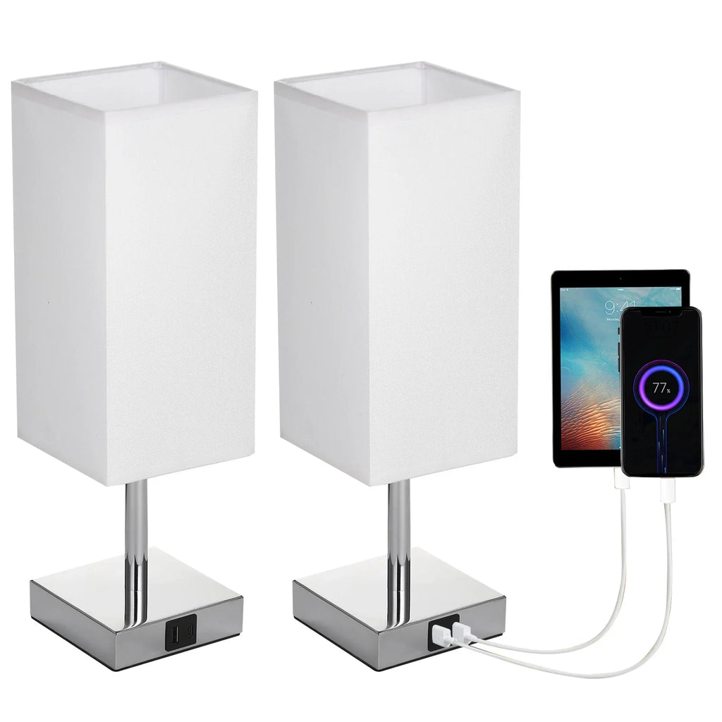 Candeeiro de Mesa de Cabeceira com Abajur de Tecido - Lâmpada LED Branco Quente, Controlo Tátil, Luz de Secretária, Portas de Carregamento USB A e Type-C - Ideal para Mesas de Cabeceira, Secretárias e Áreas de Estudo