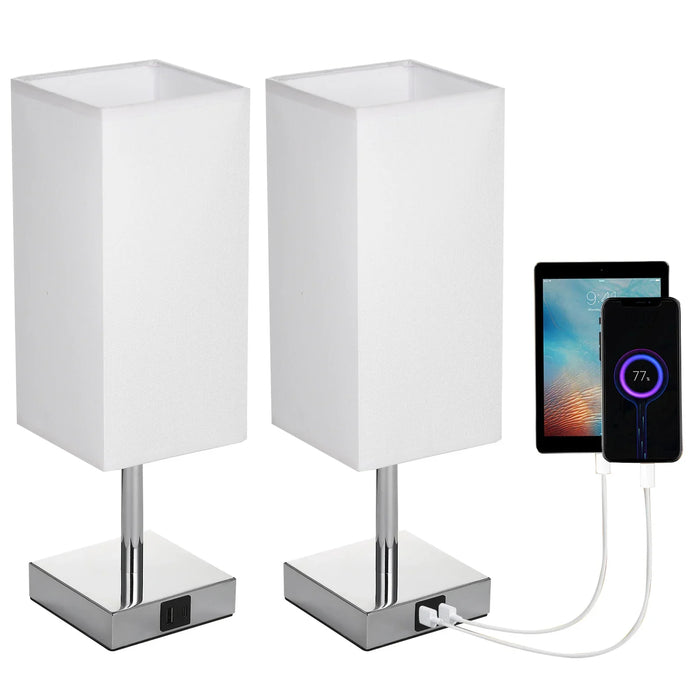 Bedlampje met stoffen kap - warm witte LED-lamp, touchbediening, bureaulamp, USB A- en Type-C-oplaadpoorten - ideaal voor nachtkastjes, werktafels en studieruimtes