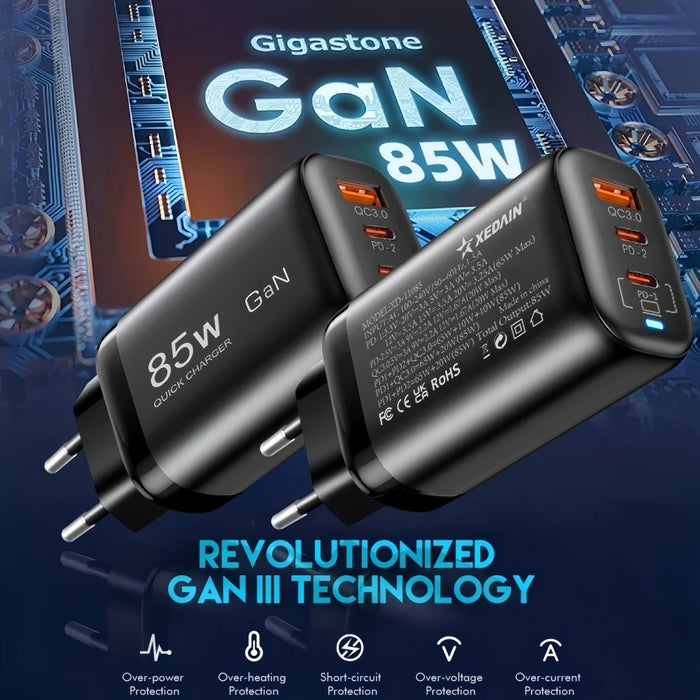 85W GaN USB‑C Charger – PD/PPS/QC Fast Charge, 2x USB‑C + USB‑A (UK/EU/US/KR)