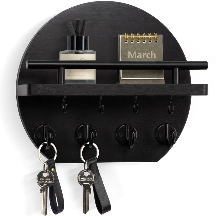 Wooden Wall-Mounted Key & Mail Holder with 8 Key Hooks and Shelf for Sunglasses & Dog Lead