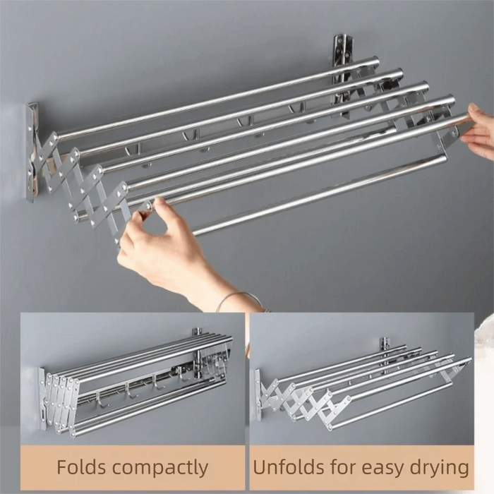 Wall-Mounted Folding Drying Rack — Rustproof Stainless Steel, Retractable Arms