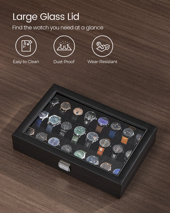 Lockable Watch Box – 24 Slots with Glass Lid, Velvet-Lined Storage Case