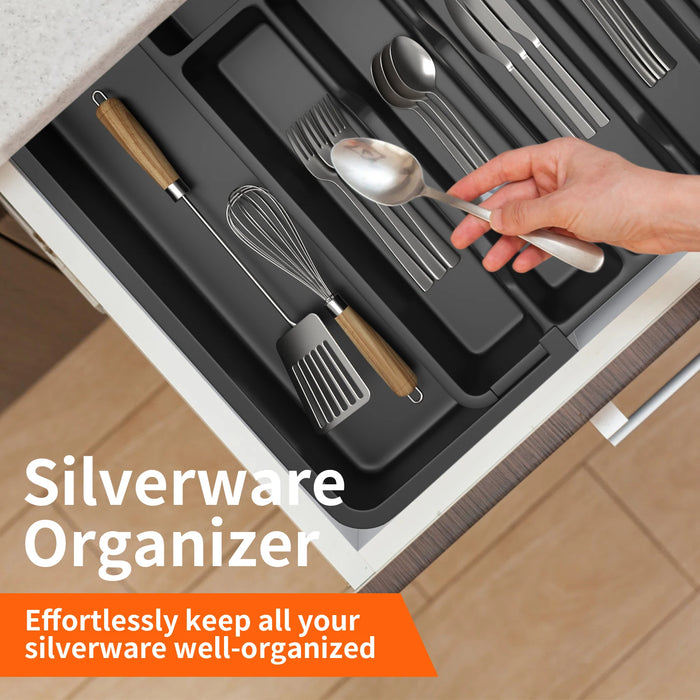 Expandable Cutlery Tray — Wooden or Black Plastic, 6–8 Compartments