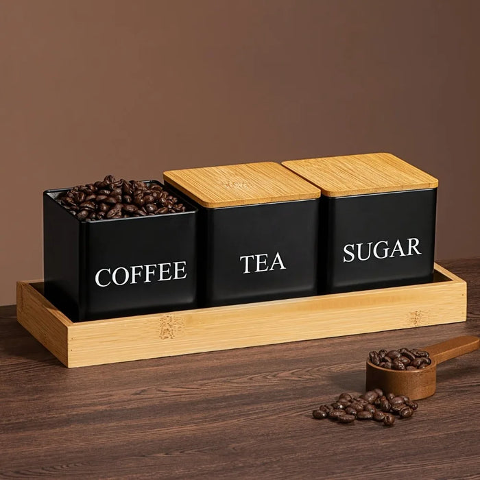 Set of 3 Metal Canisters with Bamboo Lids – 500ml Coffee, Tea & Sugar (Black or White)