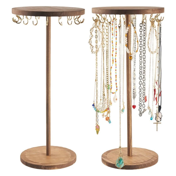 Wooden Jewellery Organiser Tower — 12 or 18 Golden Hooks, Round Base