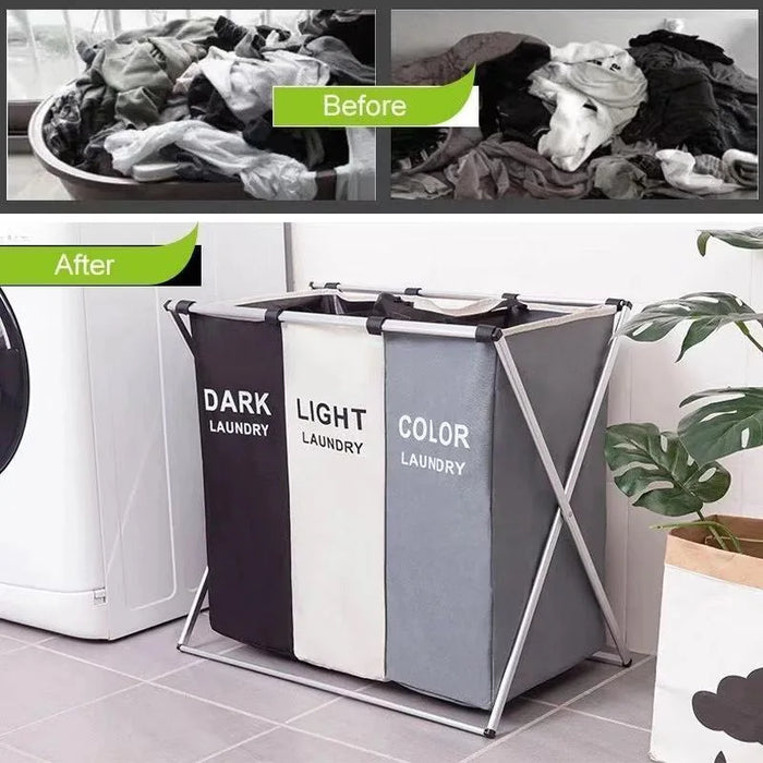 Foldable Laundry Basket with Aluminium Frame & 600D Oxford Fabric — 3‑Grid Large Capacity