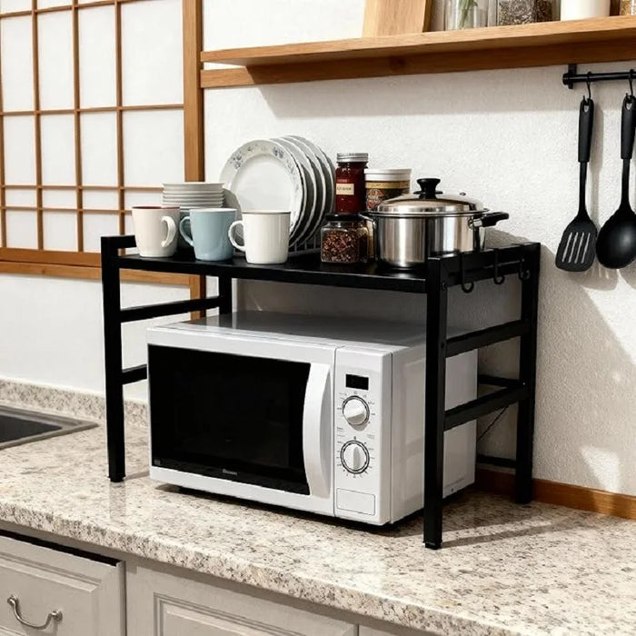 Rustproof Adjustable Kitchen Storage Rack 40–60cm with Hooks — Space‑saving Microwave Shelf