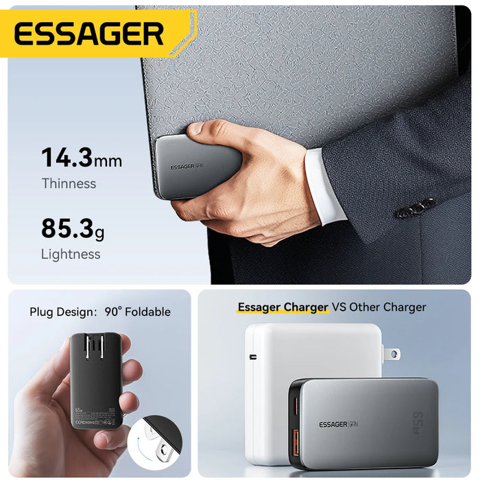65W GaN USB‑C PD Fast Charger — USB‑A + USB‑C with QC 3.0, UK/EU/US plugs