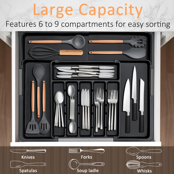 Expandable Kitchen Drawer Organiser for Cutlery – Adjustable 6–9 Slot Tray, Black