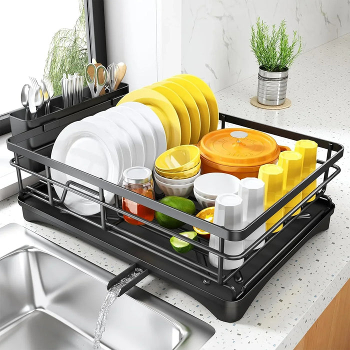 Steel 1-Tier Dish Rack with Angled Drainboard & 3-Slot Cutlery Caddy — Black