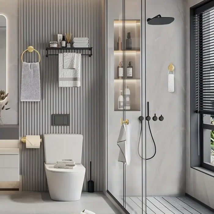 4-piece Stainless Steel Bathroom Set — Toilet Roll Holder, Towel Ring & 2 Hooks