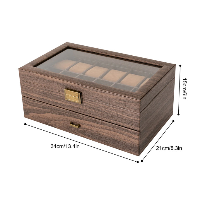 24-Slot Watch Box — Brown PU & Wood Display Case with Glass Lid