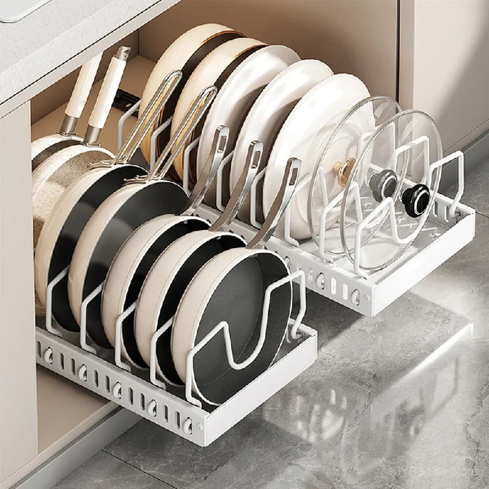 Under-Cabinet Pull-Out Pots & Pans Organiser — Sliding Tray with 8 Adjustable Dividers