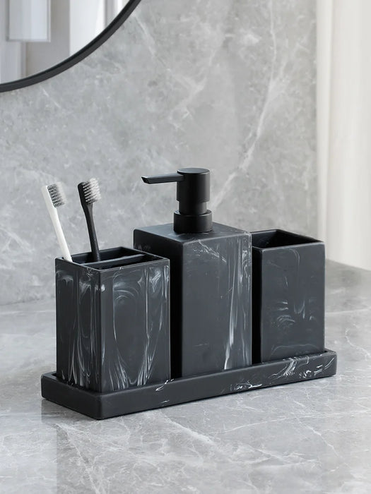 4-Piece Marble-Pattern Resin Bathroom Set — Lotion/Soap Dispenser, Toothbrush Holder, Tumbler & Tray (Black or White)