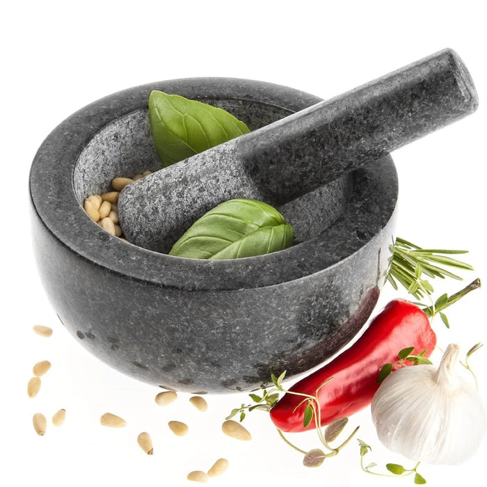 Premium Solid Granite Mortar & Pestle 16cm — Non‑Slip Stone Grinder