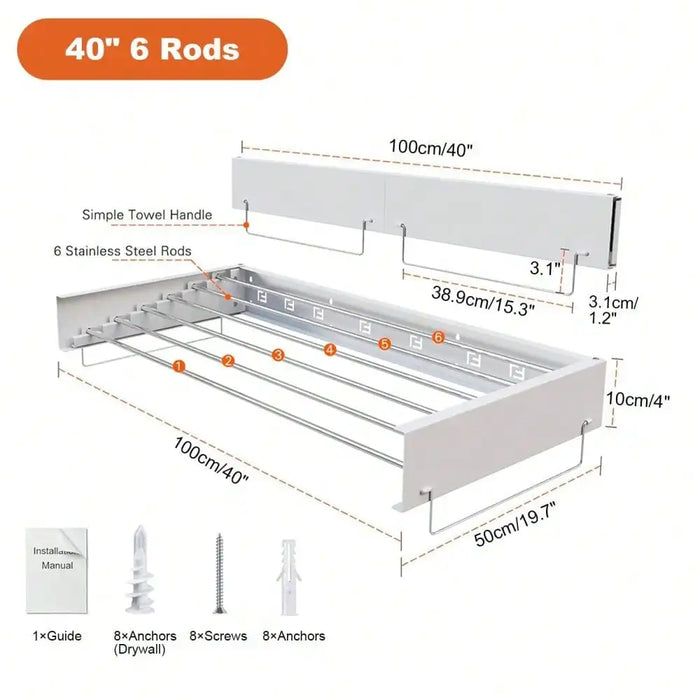 Wall-mounted Foldaway Drying Rack — 80cm (5 rods) or 100cm (6 rods)