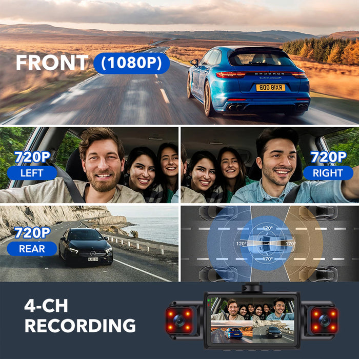 4-Channel Car Dash Cam with Wi‑Fi — FHD 1080p Front, Side & Rear, Night Vision, Hardwire Option