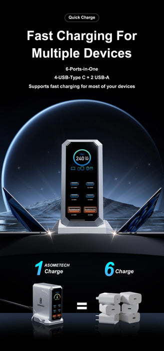 240W GaN Desktop Charger — 6‑Port (4×USB‑C, 2×USB‑A), 140W PD3.1 & PPS