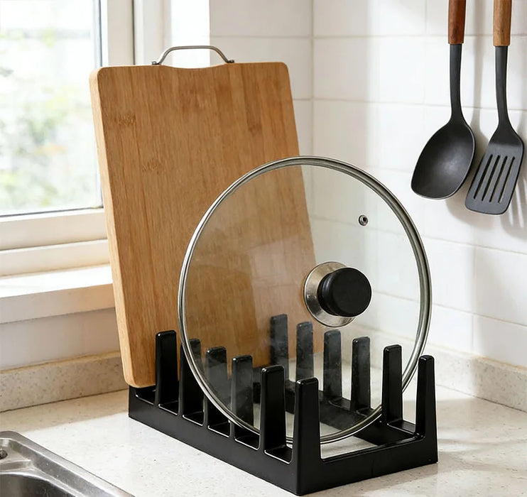 6-Compartment Pot Lid Organiser – Space-Saving Plastic Kitchen Rack (Grey/Black)