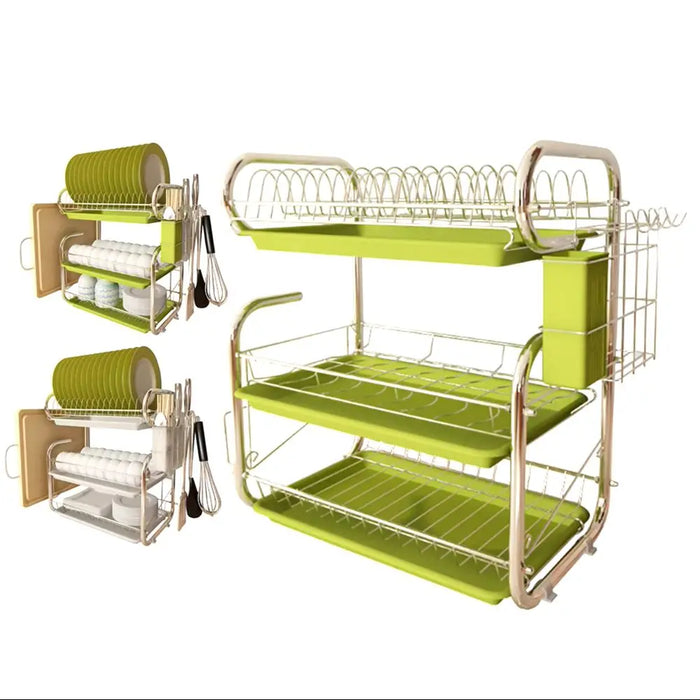 3-Tier Chrome Kitchen Drying Rack with Drip Tray