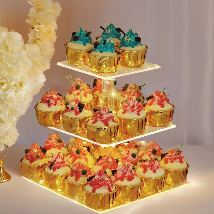 Acrylic 3/4-Tier Square Cake & Cupcake Stand with LED Lights