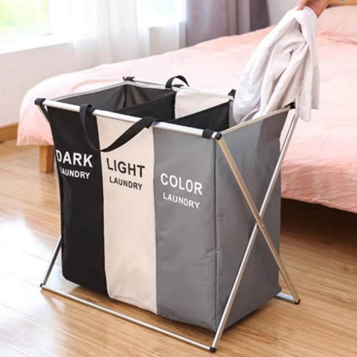 Foldable Laundry Basket with Aluminium Frame & 600D Oxford Fabric — 3‑Grid Large Capacity