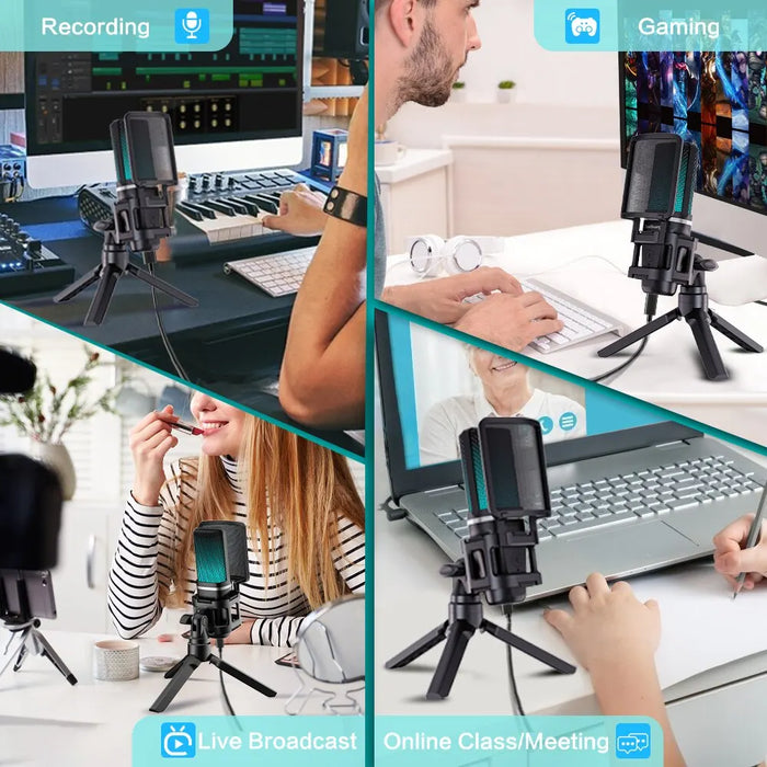 RGB USB Condenser Microphone with Articulated Boom Arm & Tripod for Streaming