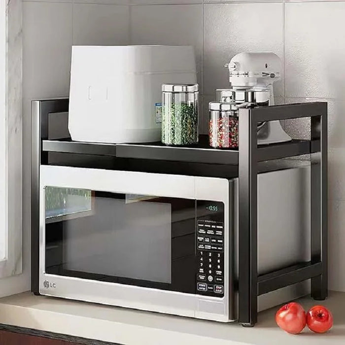 Rustproof Adjustable Kitchen Storage Rack 40–60cm with Hooks — Space‑saving Microwave Shelf