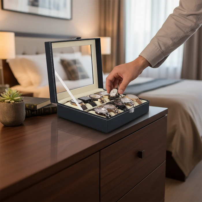 12-Slot Watch Box — Grey PU Leather with Clear Window & Velvet Lining