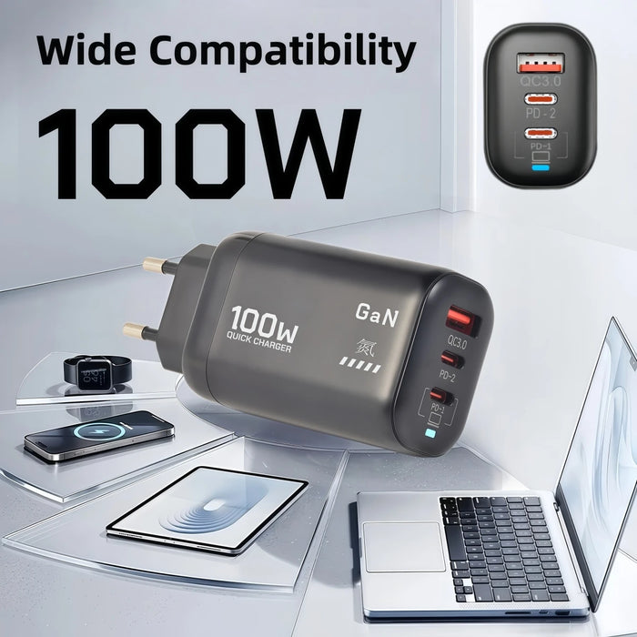 100W GaN USB‑C PD Charger (QC3.0, PPS) – Fast Charge for Laptop, iPad, iPhone 15/16 Pro Max, Samsung
