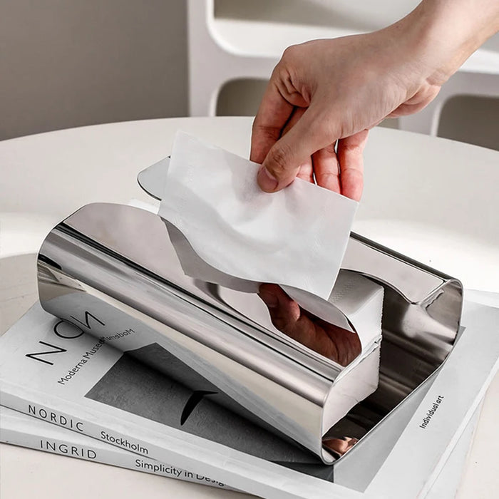 Stainless Steel Tissue Box — Irregular Pull-Paper Dispenser (Silver)